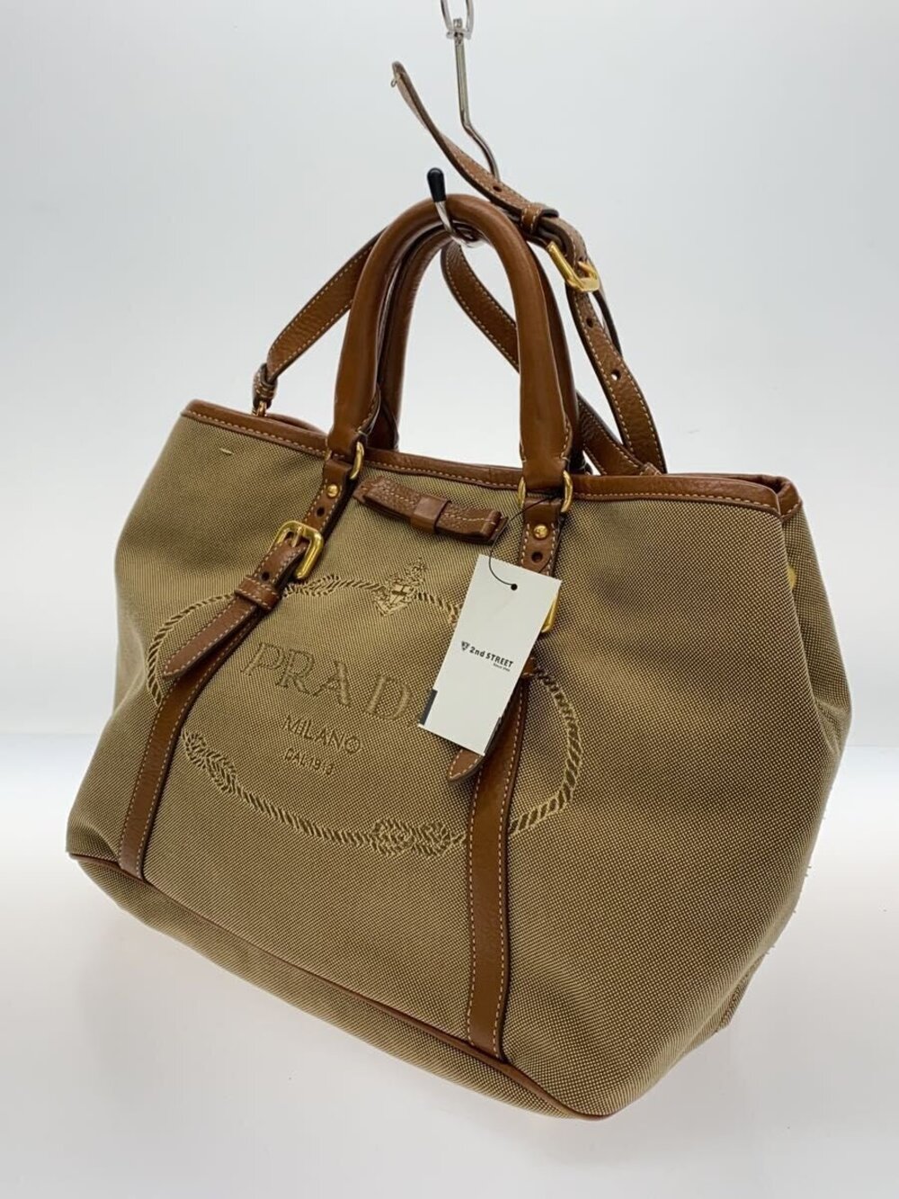 Prada Shoulder Bag Camel Brown Canvas Tote Jacquard Tan Brown